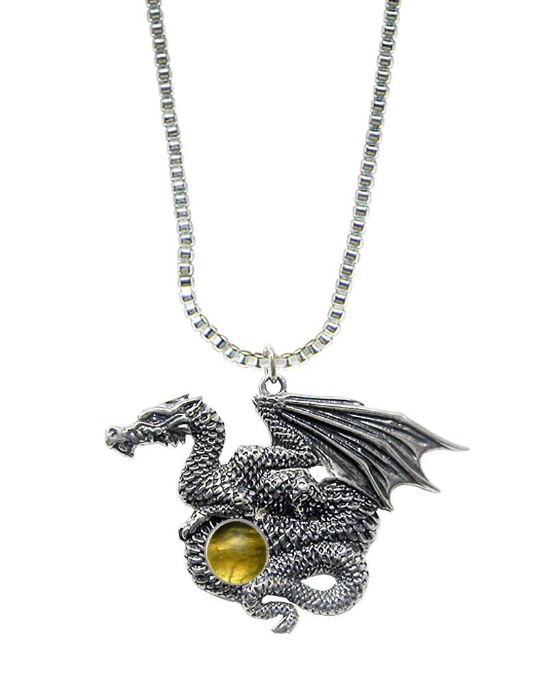 Sterling Silver Dragon of Many Treasures Pendant With Citrine